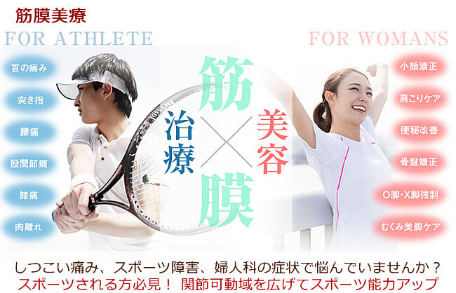 首・肩の痛み、腰痛・膝痛、股関節痛、捻挫・肉離れ、便秘改善などの症状がある場合、筋肉の膜の癒着を改善し正常なカラダを取り戻します。関節の可動域を広げて、サーフィン、ゴルフ、サッカー、野球、卓球などのスポーツパーフォンマンスや能力を高めることができます。